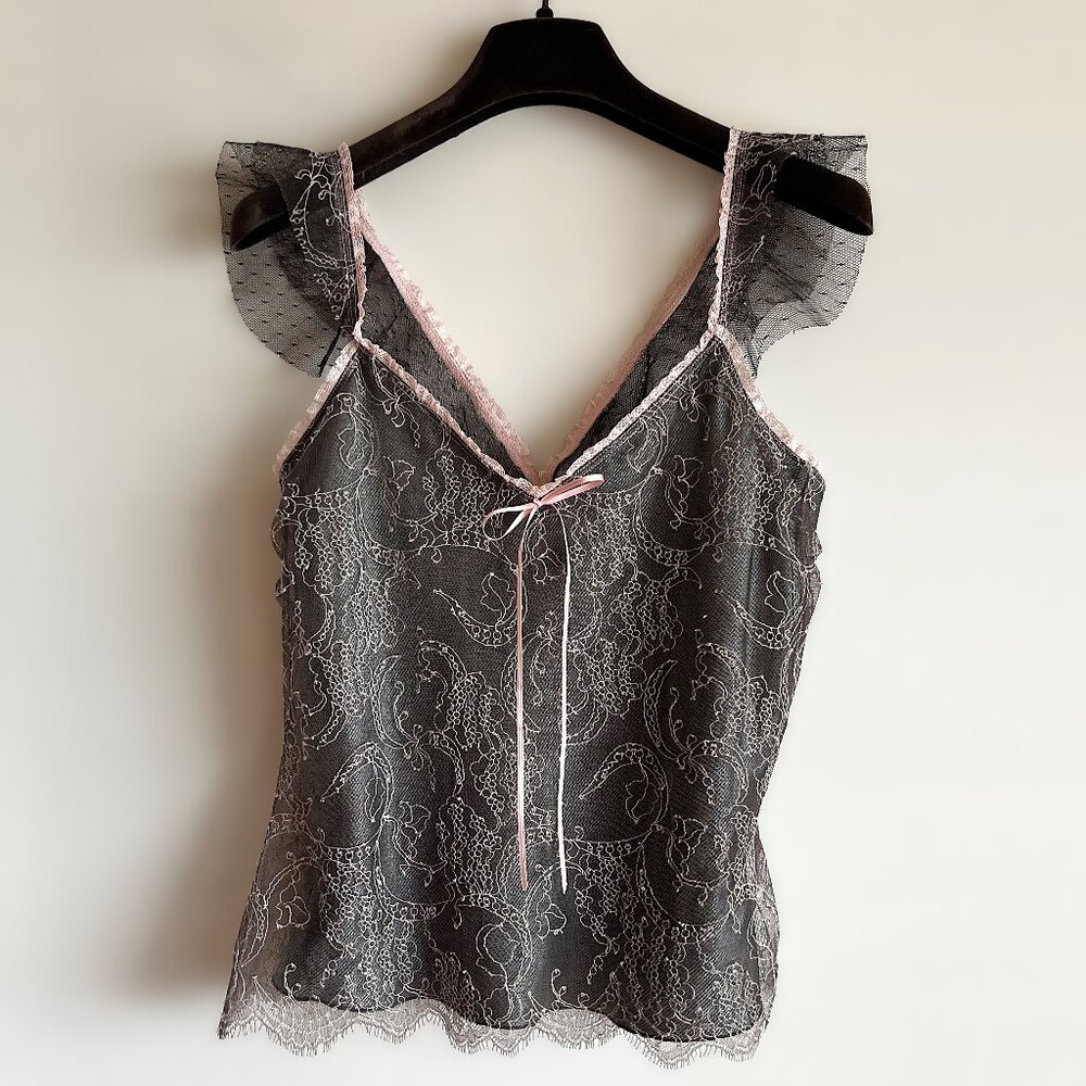 TOM K NGUYEN Grey Chantilly Lace Camisole Top, size USA 6
